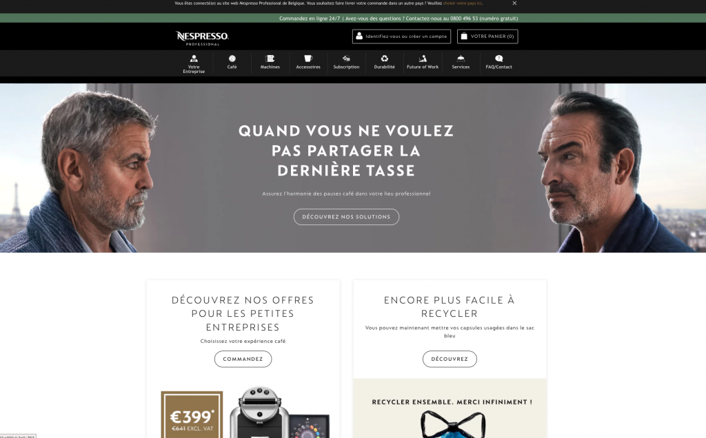 La page d'accueil B2B de Nespresso